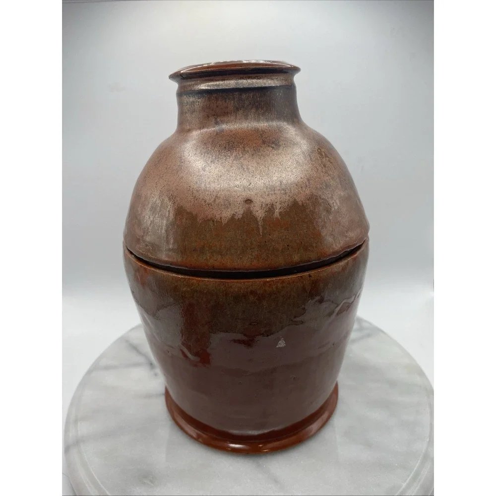 Studio Pottery Artisan Lidded Jar Brown Bronze Metallic Glaze 9.5 In Handcrafted